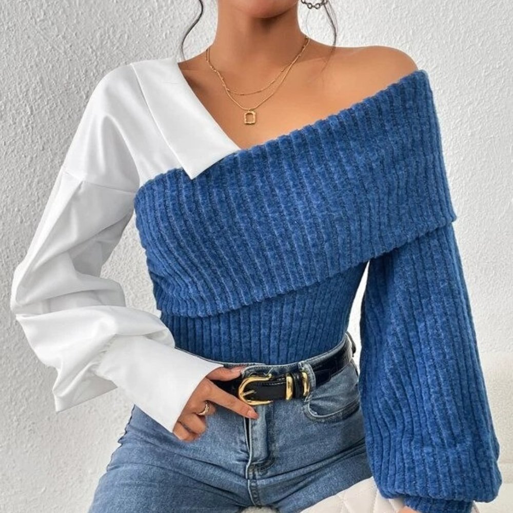 Blue and White Color Block Asymmetrical Top